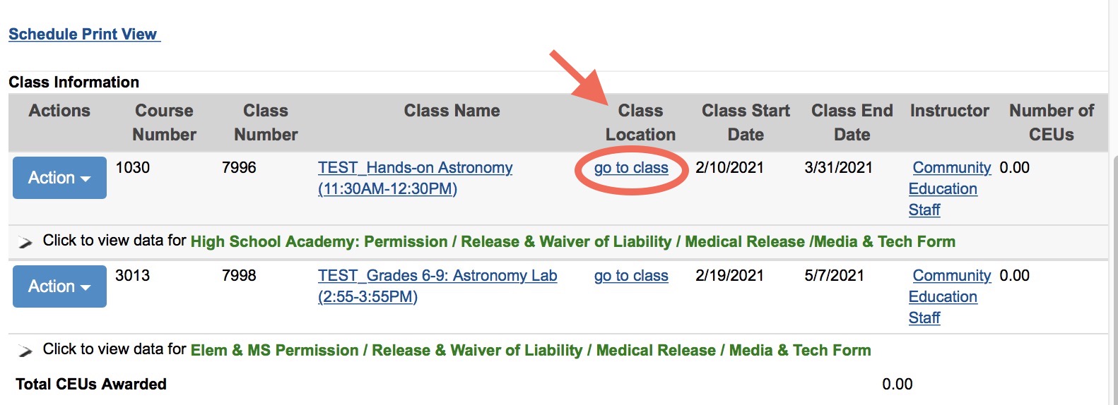 list of current class registrations